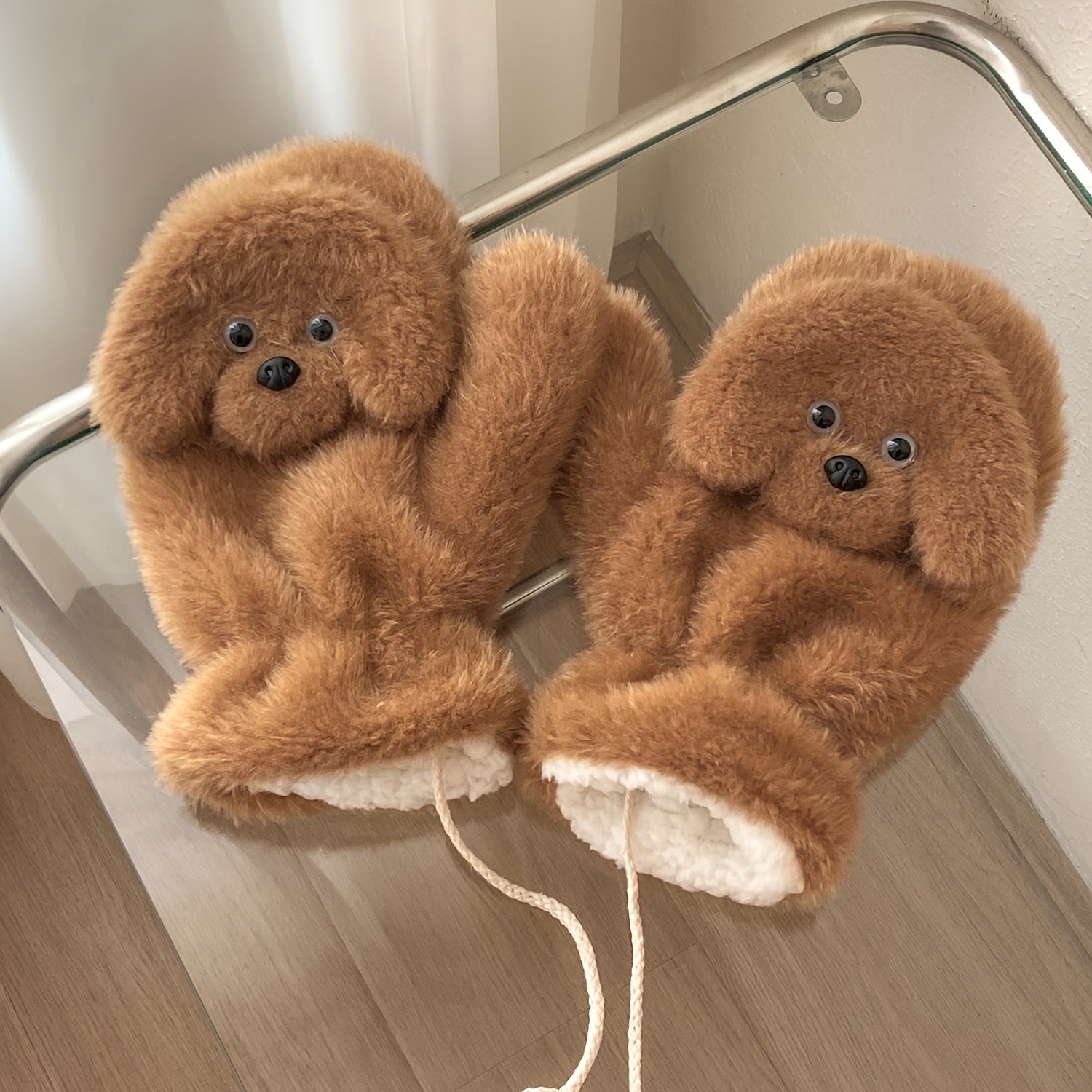 Teddy Dog Plush Mittens, Cute Animal Pattern Polyester Gloves, Inelastic, Decorative & Windproof, with Hand Wash/Dry Clean, for Casual Weekend Wear, Warmth & Style, Unique Valentine'S Gift