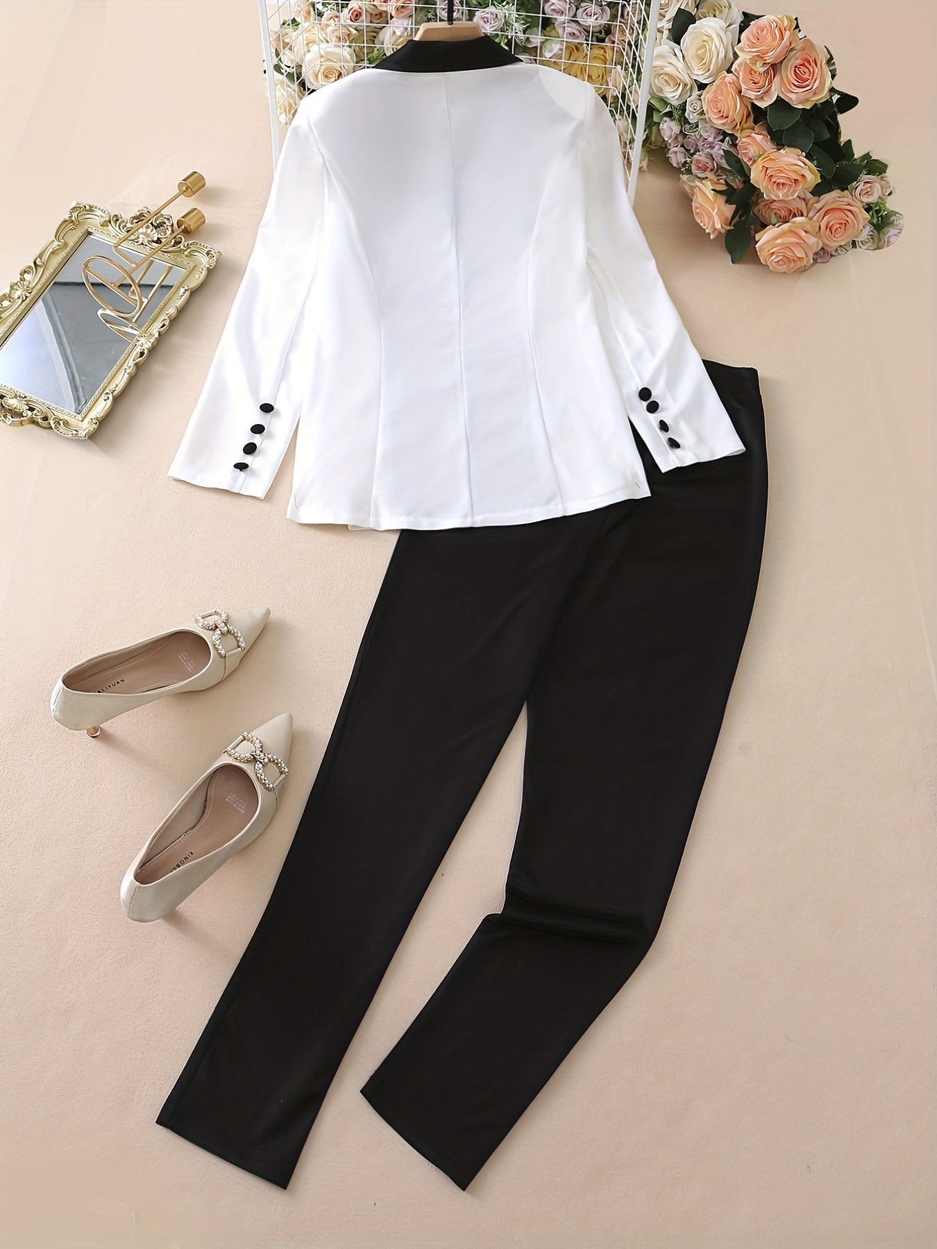 two-piece Color Block Blazer & Straight Leg Pant Set for Women, Casual Button-Front Blazer & Pants Outfit