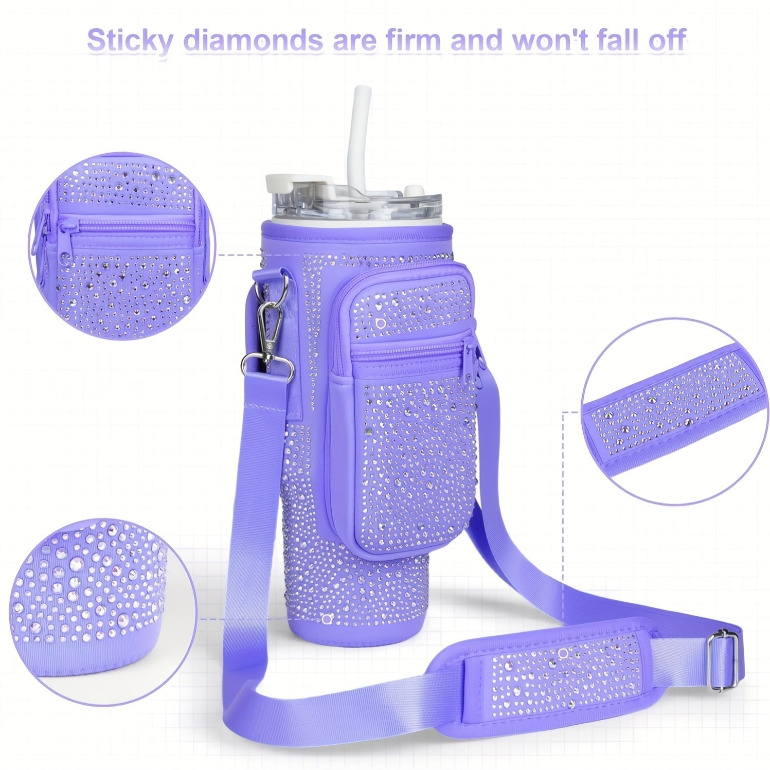 [Bling Neoprene Bottle Carrier] Multifunctional Neoprene Water Bottle Carrier - Insulated Sleeve Bag with Phone Holder, Card Slots, Detachable Strap for 40/30 Oz Tumblers - Bling Diamond Design, Key Hook