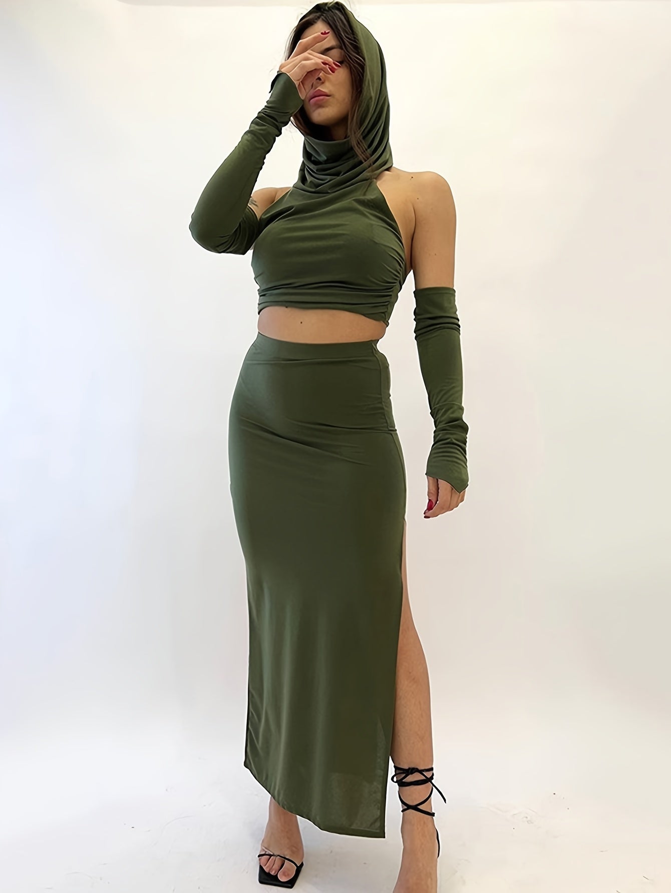 Two-Piece Stylish Solid Slim Set - Crop Backless Hooded Top with Adjustable Straps, Split Hem Skirt Outfit for Women, Chic Casual Wear for Daily Life, Party, or Outdoor Activities