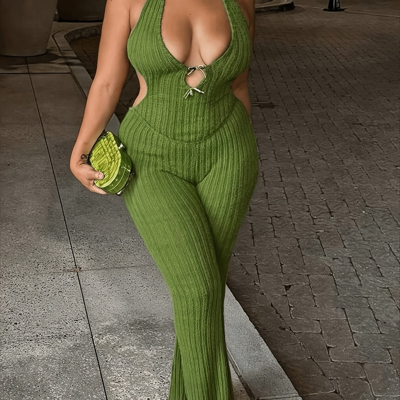 Inwoman Women's Sexy Backless Halter Neck Jumpsuit - Crisscross Sleeveless Fuzzy Knit Romper with Bow Detail, Solid Color Machine-Washable Night Party Wear for Spring/Summer, Romantic Evening Wear | Crisscross Design | Detail