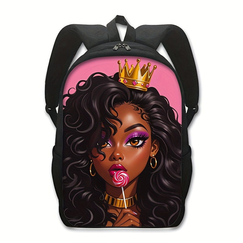 Black Queen Crown Print Backpack: Large Capacity, Lightweight, and Durable for Travel and School - Vegan Friendly
