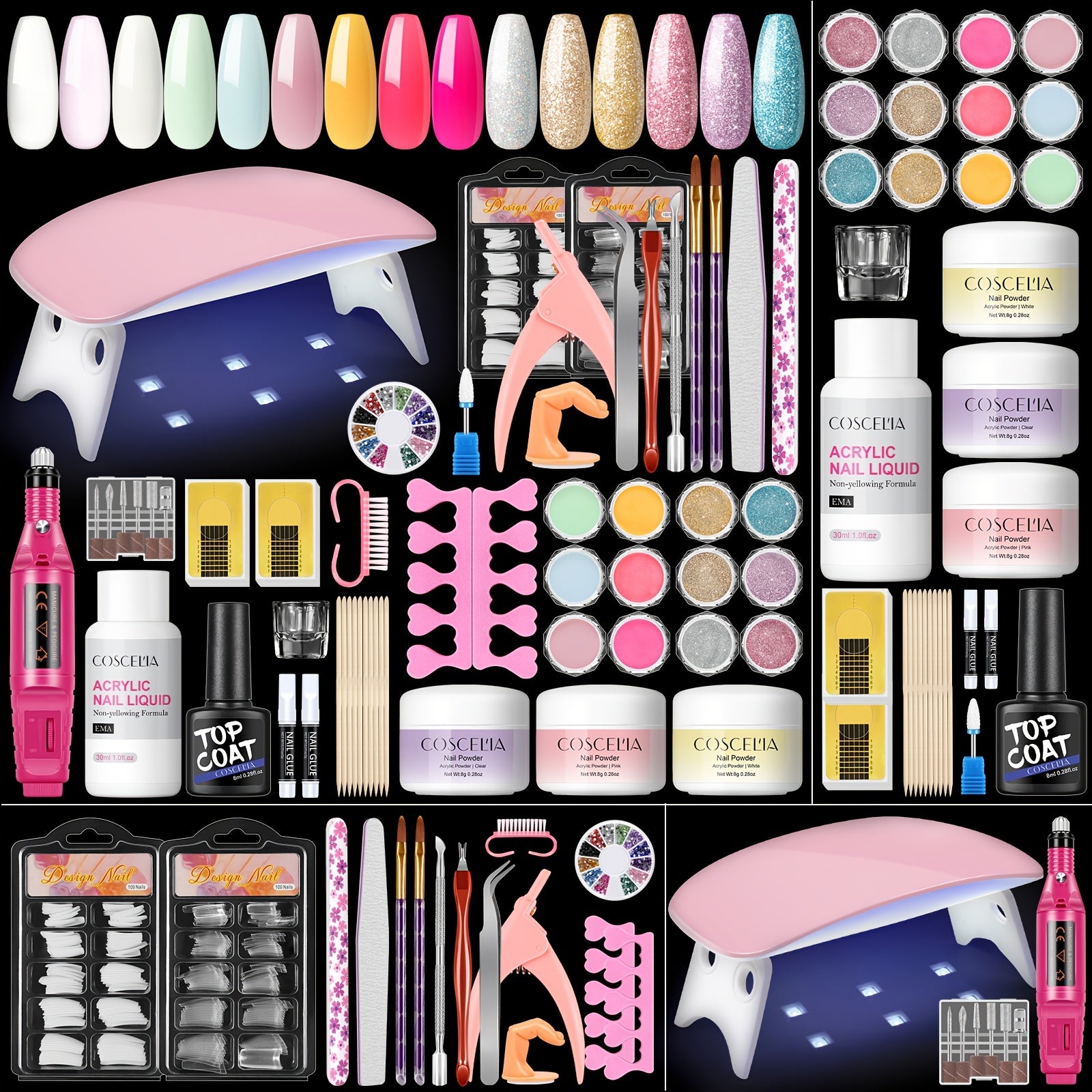 Acrylic Nail Powder Kit with Nail Lamp & Drill – 37PCS Acrylic Nail Set for Beginners & Professionals – White, Pink, Clear Powders + Tools & Decorations