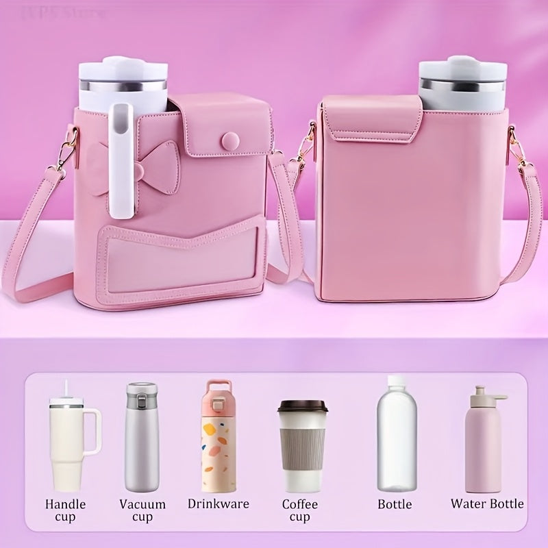 Pink Water Bottle Carrier with Adjustable Strap & Bow Detail - Stylish, Durable, and Water-Resistant for Outdoor Adventures, Outdoor Hydration Accessory | Feminine Touch Design | Functional Fashion