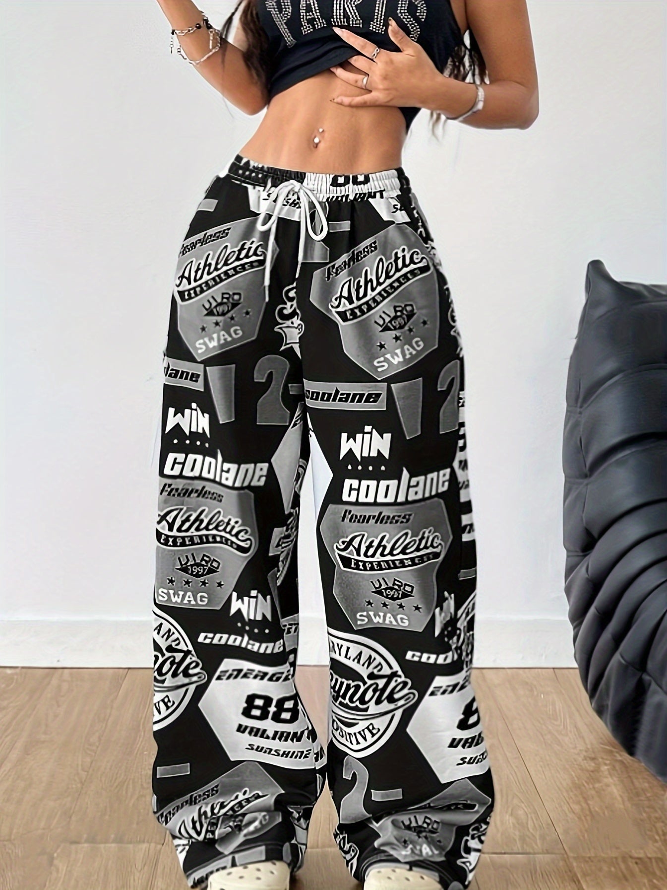 Women'S Y2K Style Wide Leg Pants, Polyester Knit with Letter Pattern, Loose Fit, Pocket Detail, Adult Size, Autumn/Winter Fashion, Casual Sweatpants