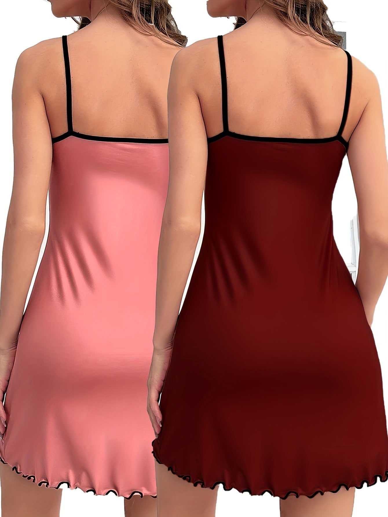 Two Pieces of Bear Print Pajamas, a Round-Neck Ruffled Edge Backless Camisole Dress, Women'S Sleepwear.