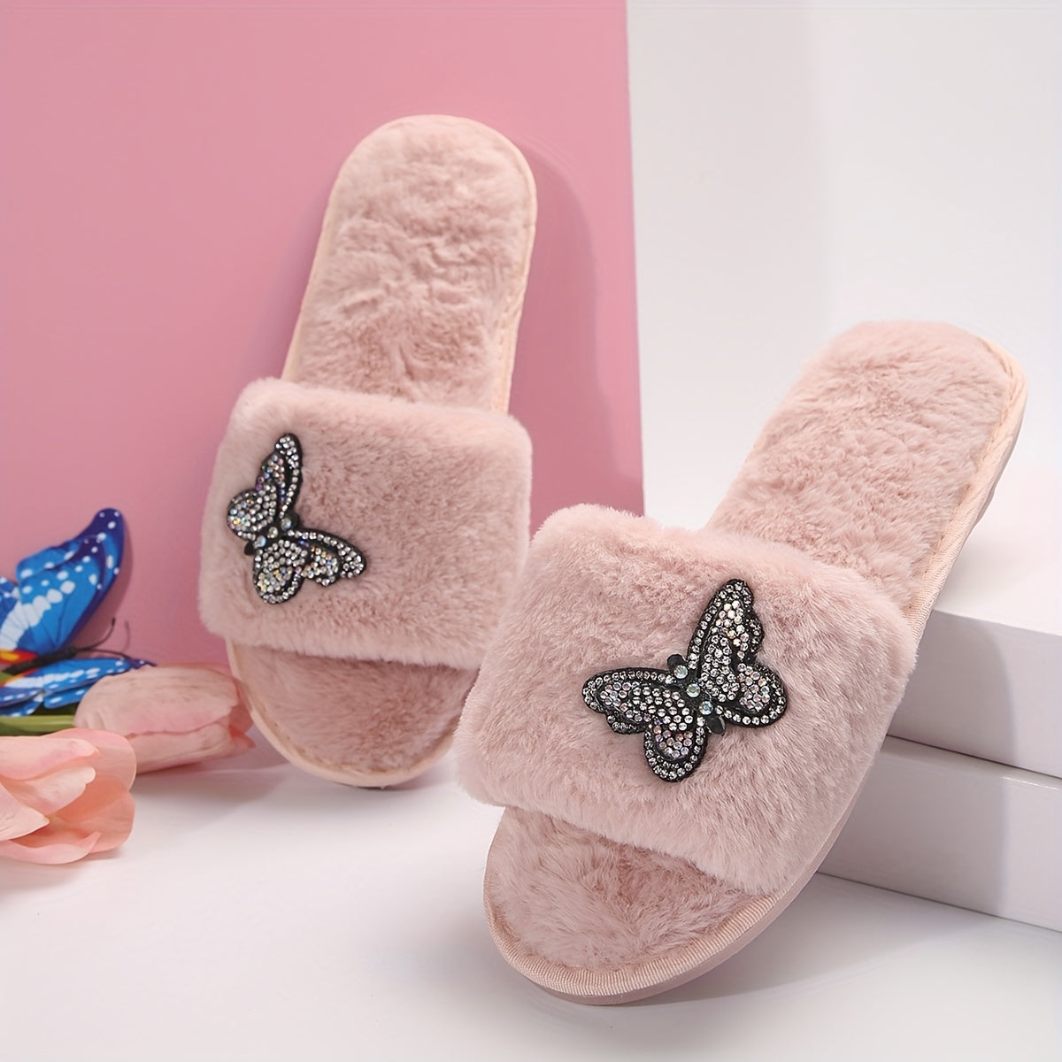 Rhinestone Butterfly Decor Home Warm Slippers, Soft Sole Platform Fluffy Non-slip Shoes, Bedroom Open Toe Plush Shoes
