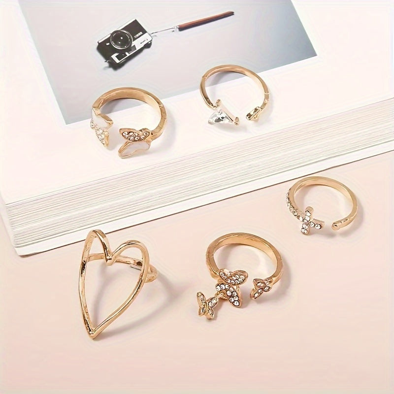 5 Elegant Heart-shaped Butterfly Triangle Rings Per Set - Bohemian Minimalist Stacked Women's Rings - An Ideal Choice For Valentine's Day, Gifts, And Daily Wear