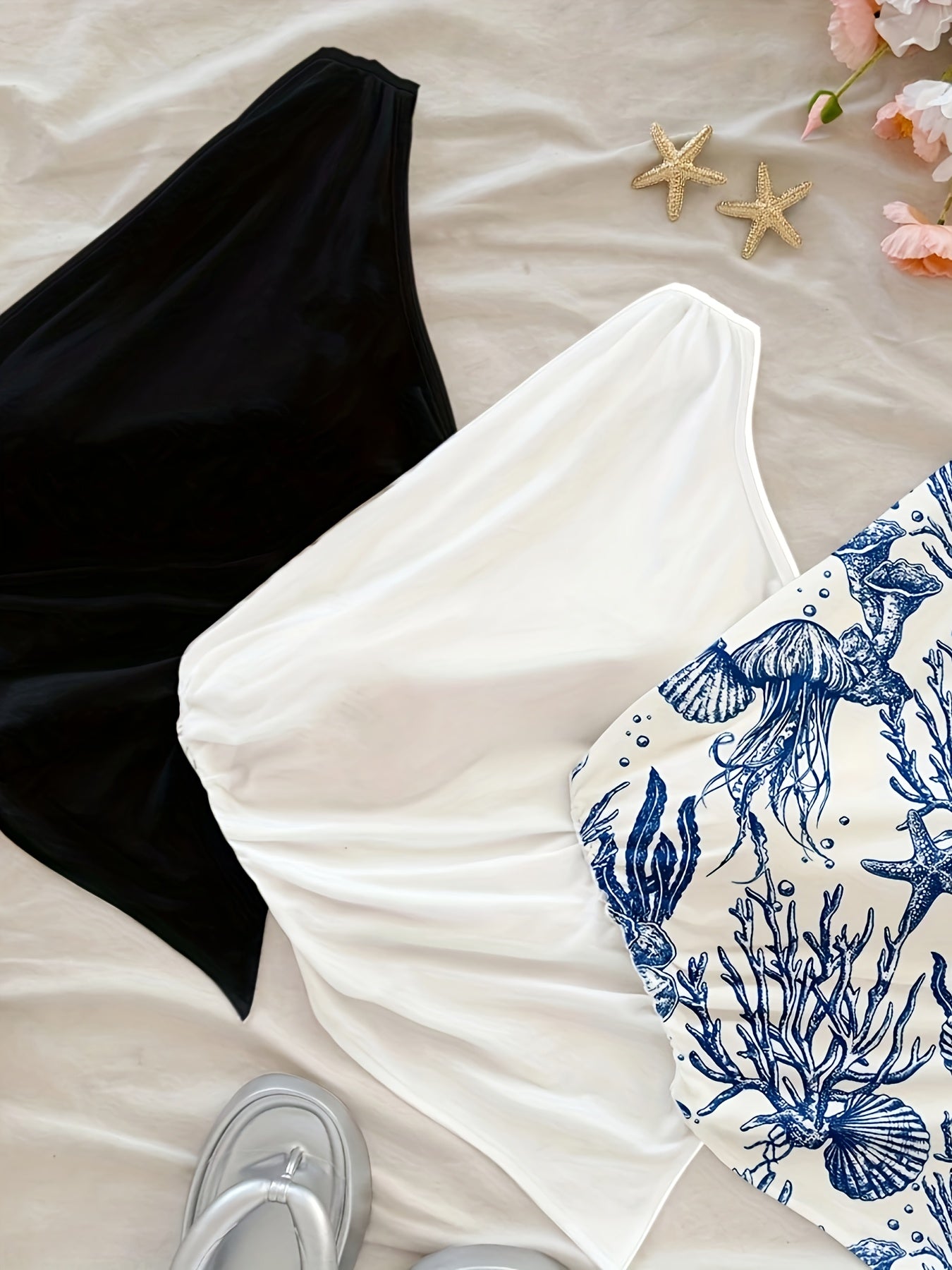 3pcs Casual Women's Shirt Set with Off-Shoulder Design, Asymmetrical Pleats and Ruffles Featuring Ocean Animals and Blue Print