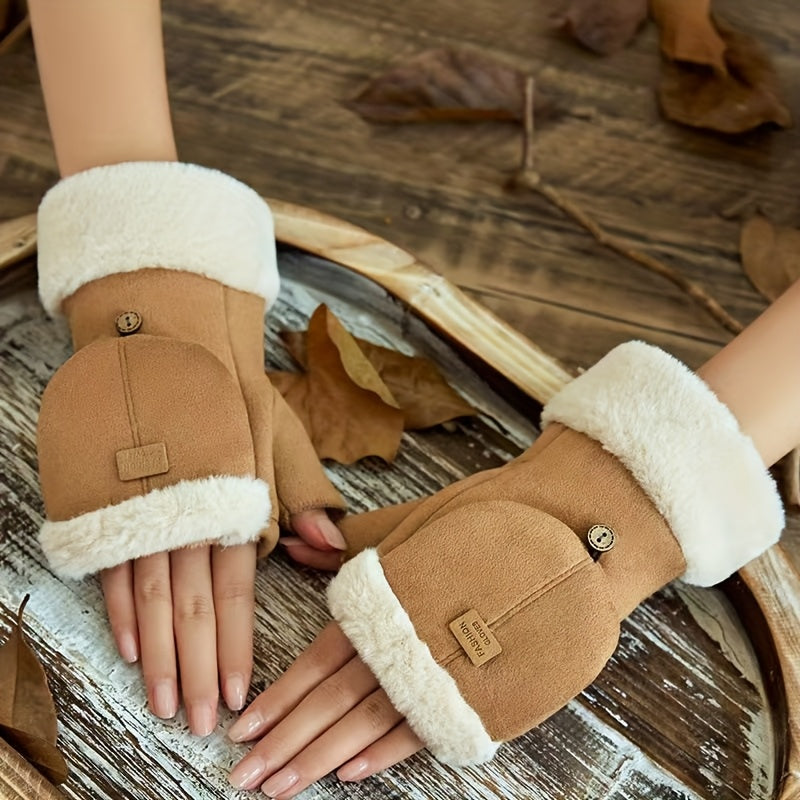 Women'S Autumn And Winter Warm And Cute Thick Fleece-Lined Half-Finger Touchscreen Gloves for Biking, Featuring a Flip Cover.