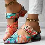 Chic Guangdong-Inspired Women's Sandals with Unique Print, Slip-On Pointed Toe Mid-Heel Shoes - Faux Cover & PVC Sole