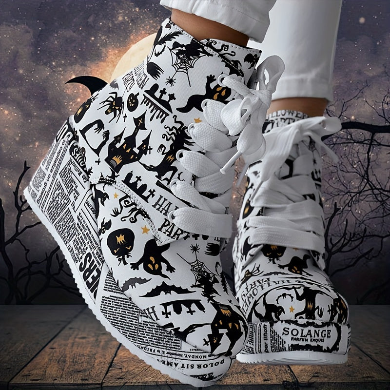 Women's Halloween Theme Boots, Lace Up Platform Lace Up Walking Shoes, High-top Wedge Winter Boots