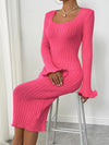 Solid Pattern Bodycon Sweater Dress - Acrylic Blend, Elegant Ribbed Knit, Middle Eastern Style, Lettuce Trim Fluted Sleeves, Square Neckline