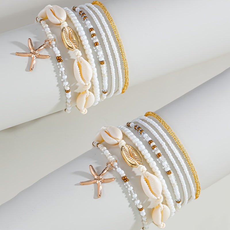 14pcs Bohemian Beaded Anklet Set with Starfish Charms and Shell Accents, Multi-Layer Stacking Beach Style Women's Ankle Bracelets for Daily Wear, Parties, and Vacation Casual, Casual Anklet Wear|Bohemian Style Anklet|Goldtone