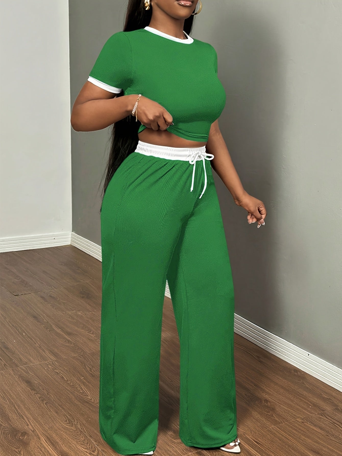 Round Neck Contrast Color Fashion Commuting Wearable Short Sleeve Wide Leg Pants 2pcs Women's Pajama Set