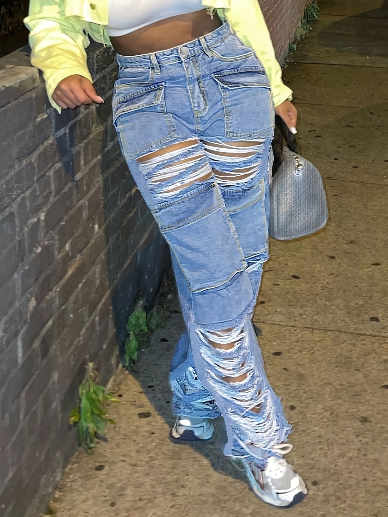 Women's Low Waist Straight Leg Jeans - Ripped Details, Light Blue Denim with Slight Stretch, Party & Night Out | Machine Wash, No Dry Clean | Comfortable Fit