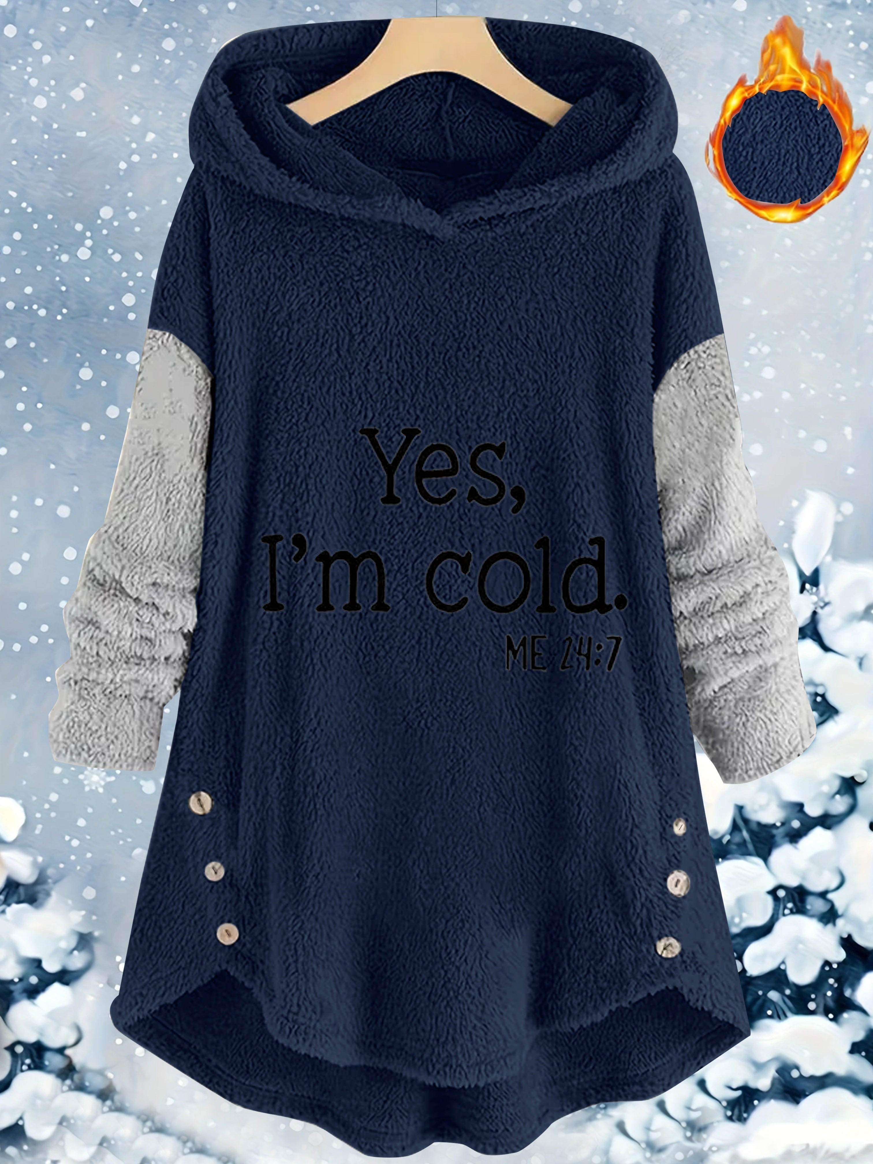 Cozy Women's Gray Fleece Hoodie & Jogger Set - "YES, I'M COLD" Print, Long Sleeves with Button Detail, Casual Polyester Outfit for Fall & Winter, Machine Washable, Jogging Pants