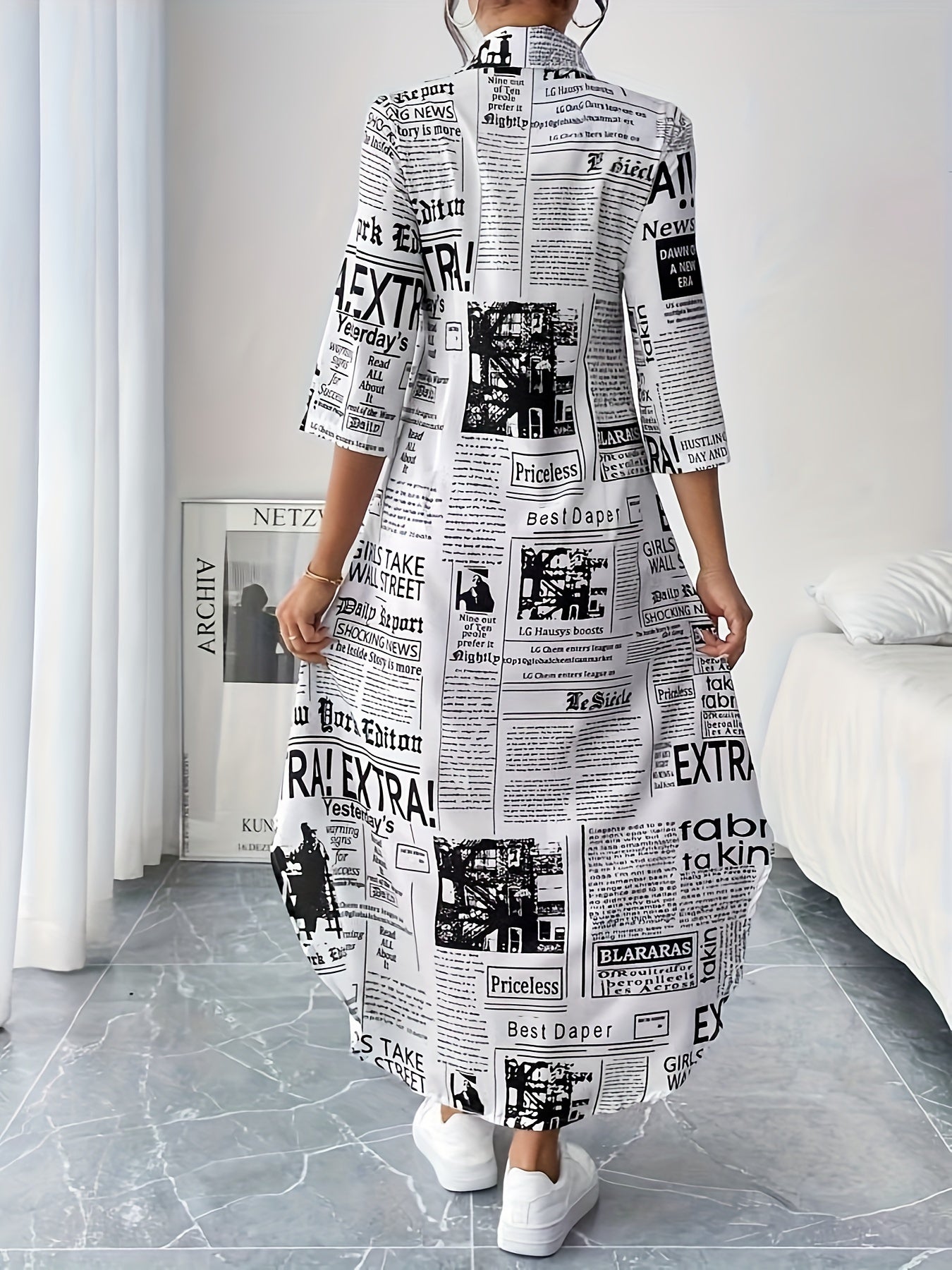 Women'S Elegant Newspaper Printed Shirt Dress with Three Quarter Sleeves and Button Details