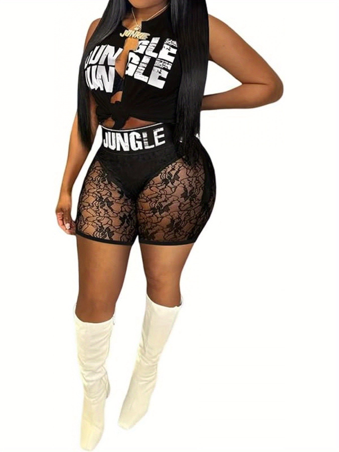 Women'S Sleeveless 2pcs Outfits Front Tied Sheer Mesh Bodycon Long Legging Pants Sets