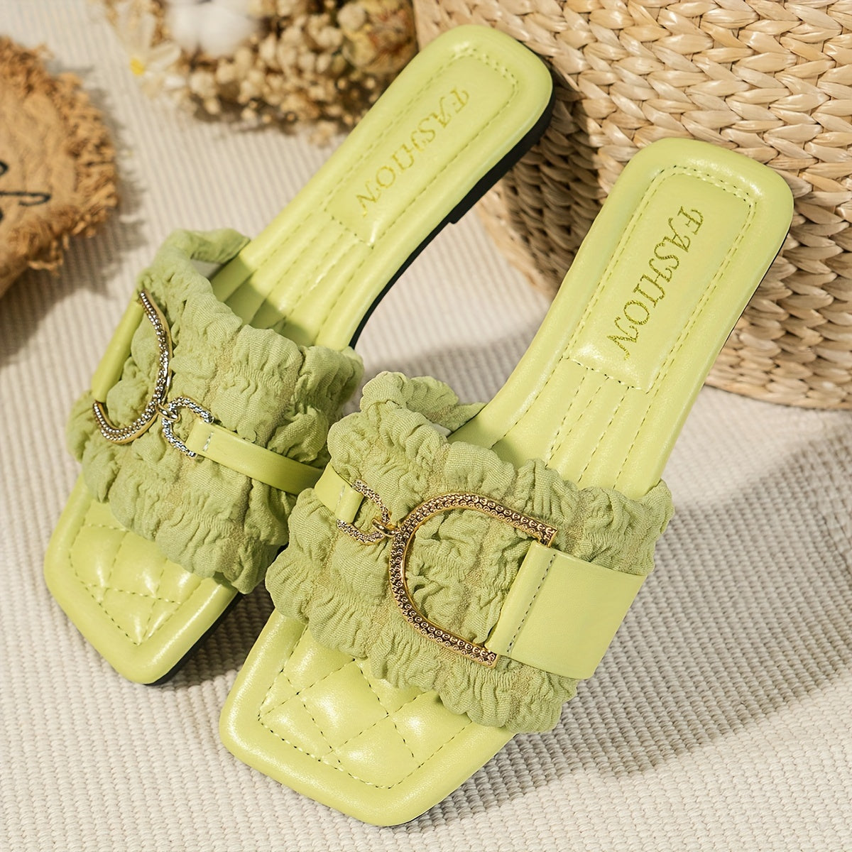 Women's Stylish Slide Sandals with Metallic Buckle - Comfortable Flat Open-Toe Slippers, Non-Slip Rubber Sole, Elegant Summer Fashion Shoes for Casual Outfits, Black & Green Options, Summer Footwear | Stylish Buckle Design |