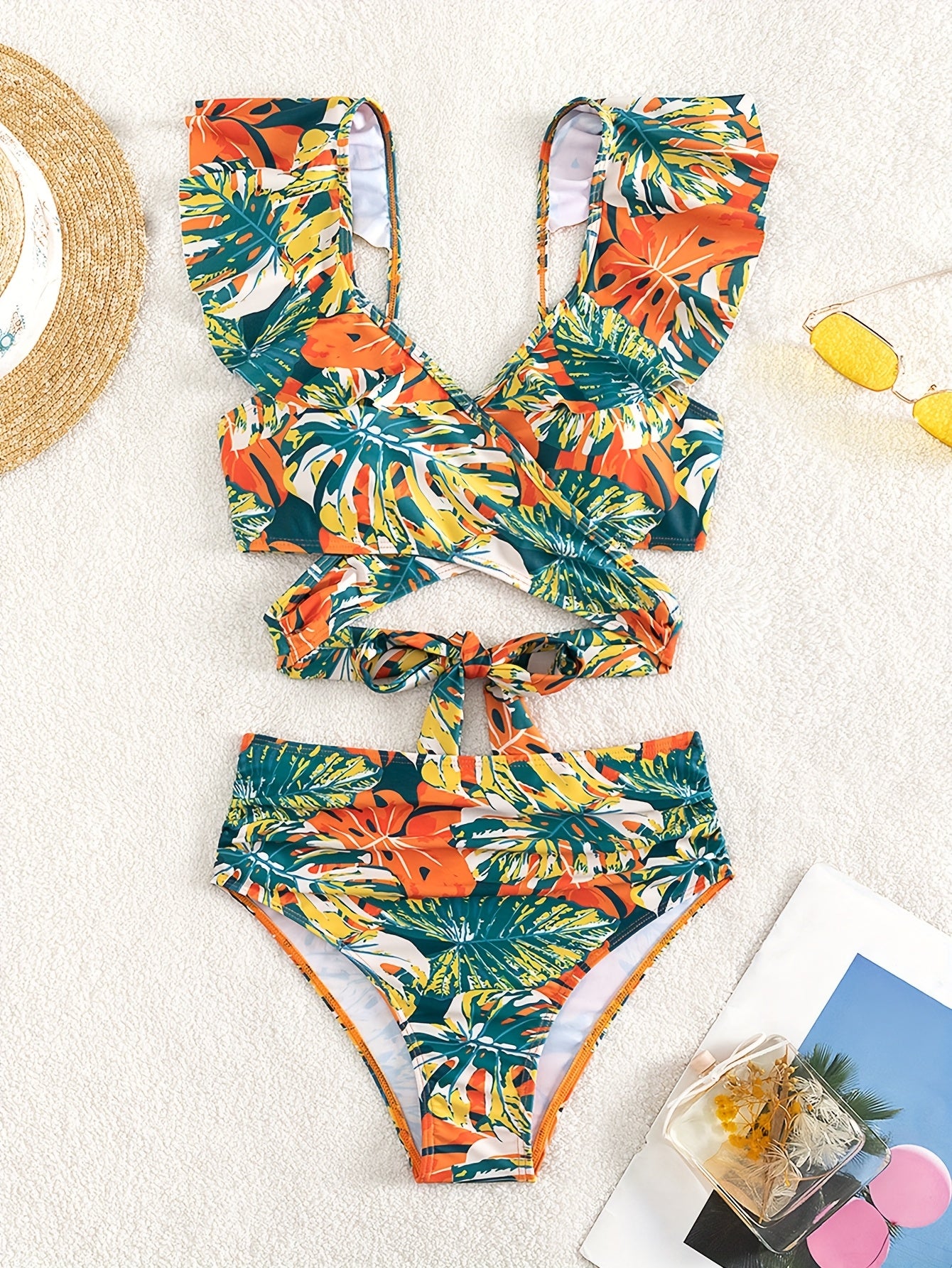 Floral Print Two-piece Bikini with Front Cross and Rear Tie and High Waist with Lotus Leaf Hem