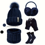 [Winter Sports Bundle] 5pcs/Set Winter Outdoor Sports Equipment - Thick Warm Knit Hat, Neck, Touch Screen Gloves, Plush Ear Muffs and Snow Socks for Skiing, Cycling and Hiking