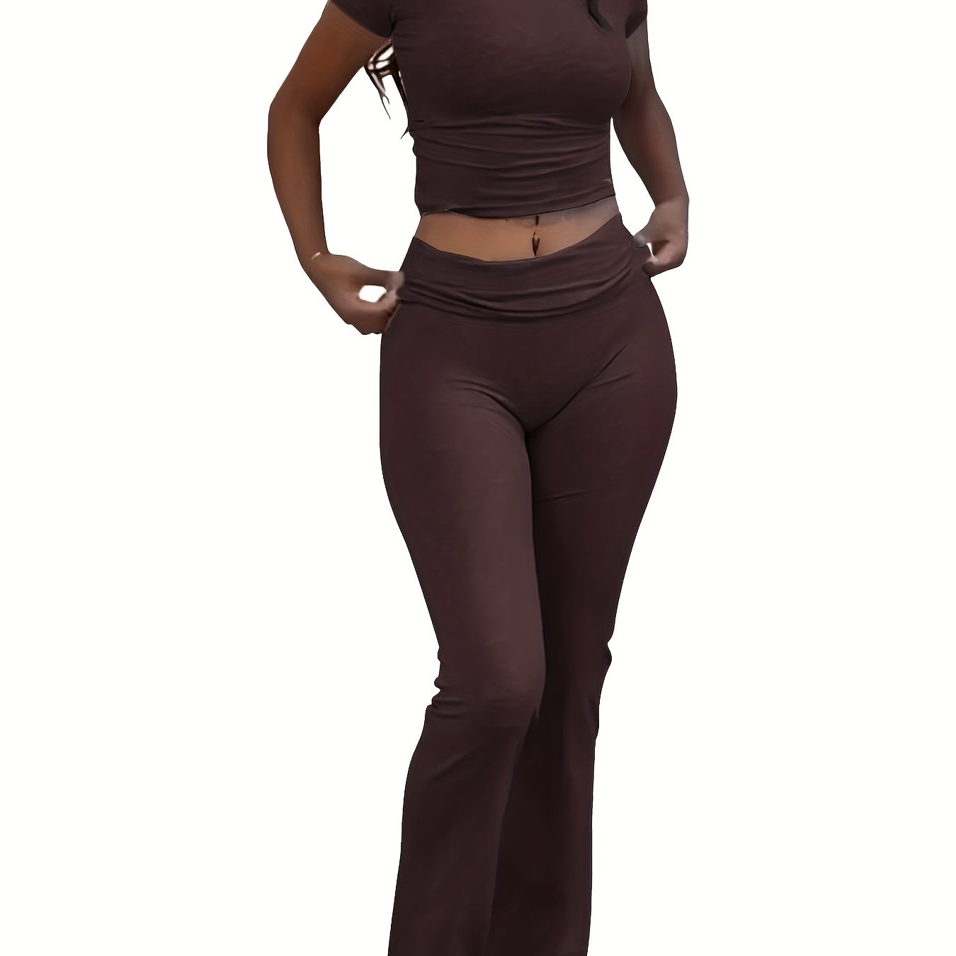 Women's Casual Slim Fit Two-Piece Pants Set – Short Sleeve Crew Neck T-Shirt & High Stretch Flared Leg Sport Pants Outfit