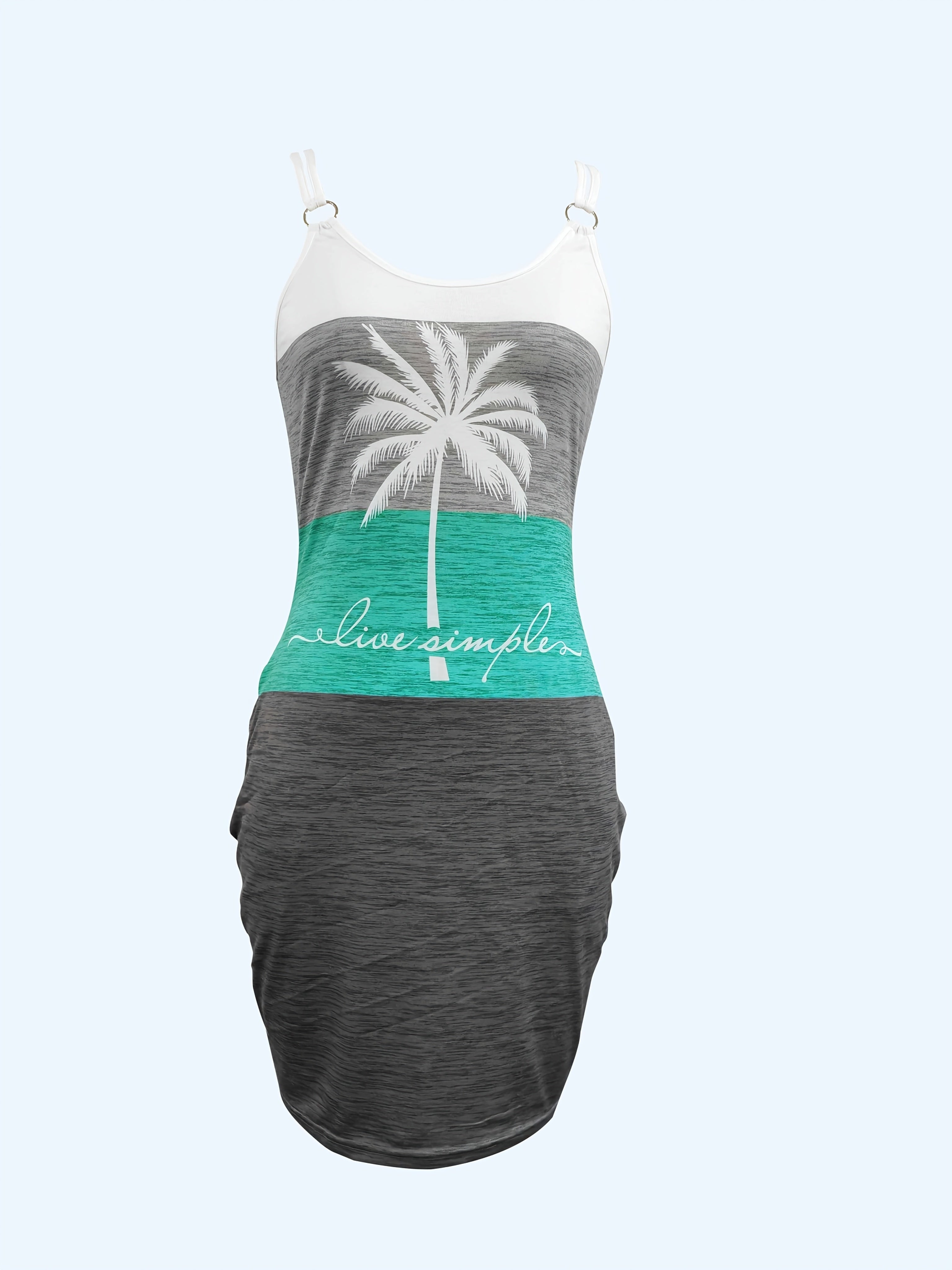 New Spring and Summer European and American Multi-Color Patchwork Palm Tree Letter Pattern Print Chain Pocket Sexy Color-Matching Suspender Dress