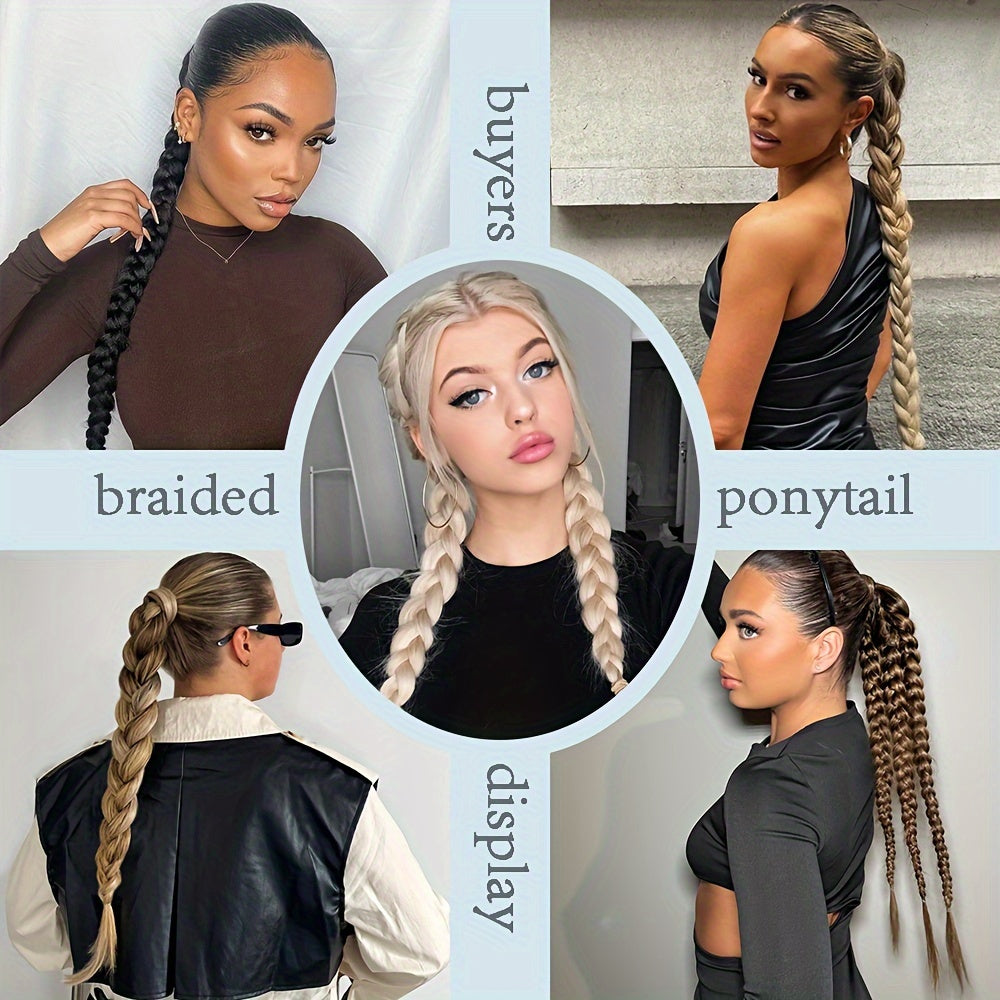 Braided Long Ponytail Extensions With Elastic Band Hair Synthetic Fiber 24Inch Blonde Braids Pony Tail Hair Accessories For Party Daily Use Halloween Christmas