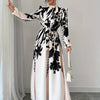 Long Sleeve Polyester A-Line Maxi Dress with Elegant Floral Print, Stand Collar, Waist Detail, Lantern Sleeves, and Ruffle Hem for Spring/Fall