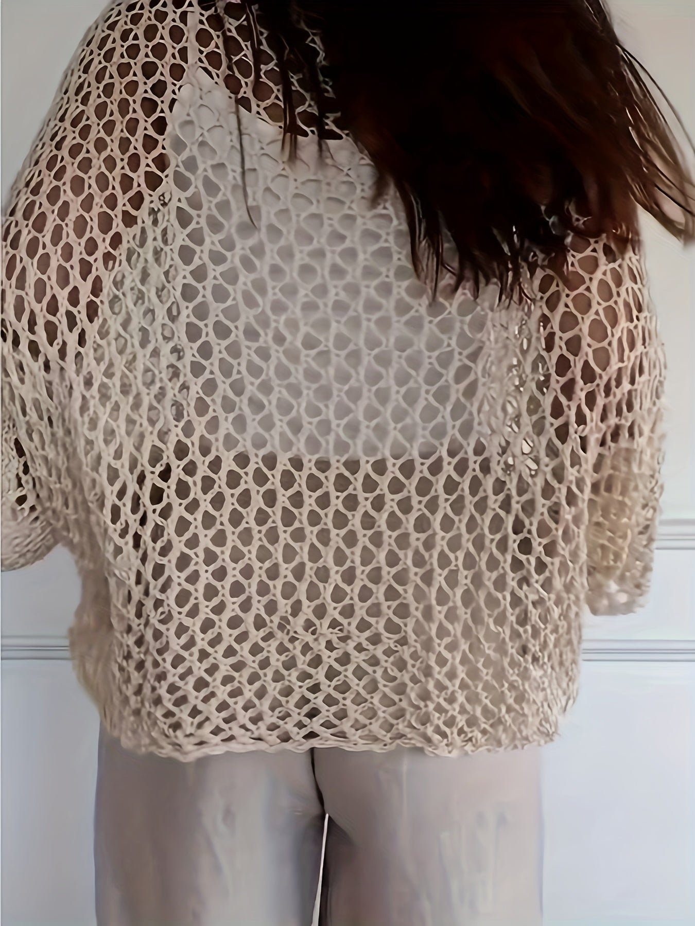 Women's Loose Hollow Star Cardigan Round Neck Shirt Summer Swim Cover-Up