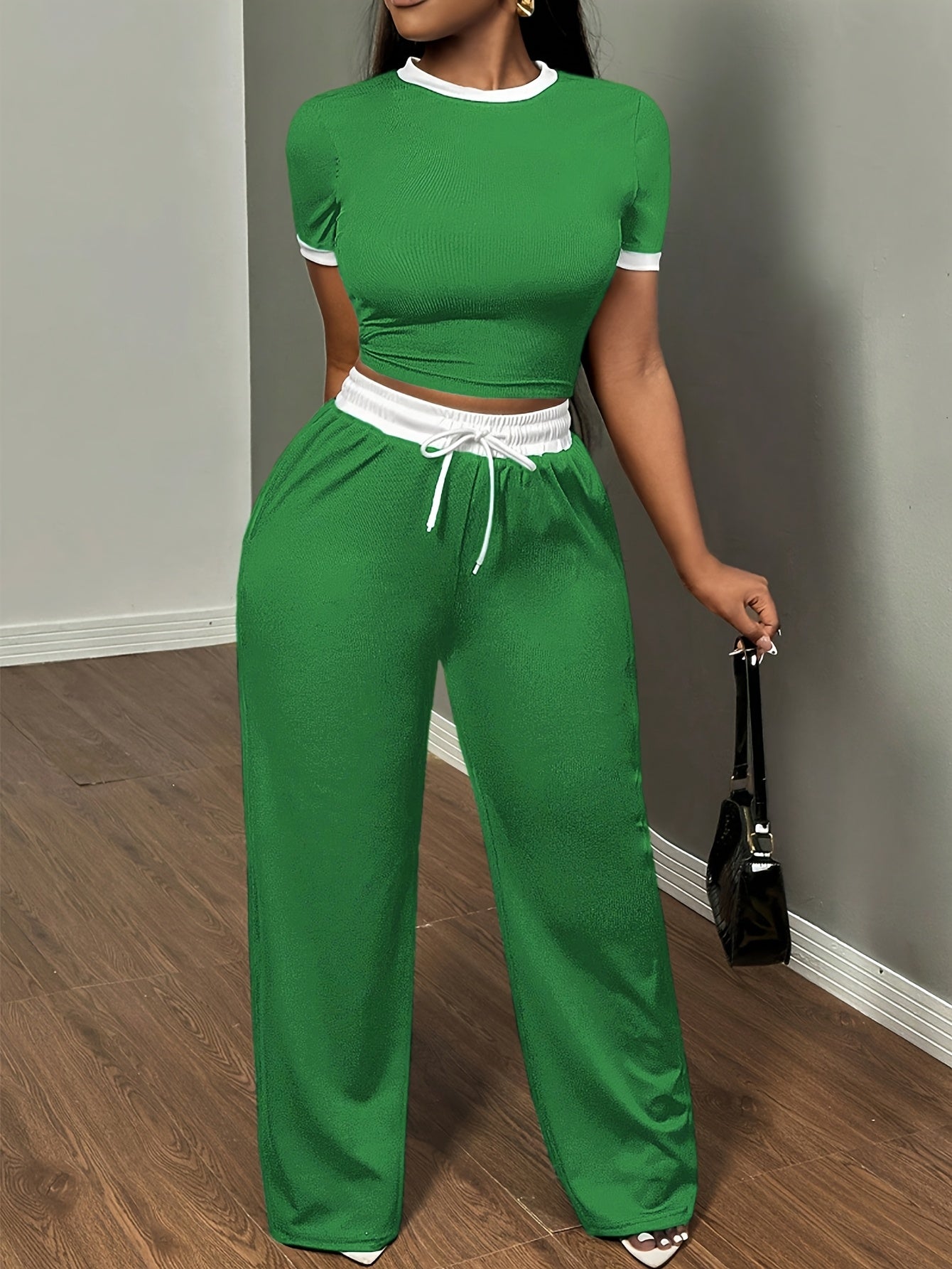 Round Neck Contrast Color Fashion Commuting Wearable Short Sleeve Wide Leg Pants 2pcs Women's Pajama Set
