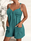 Vibrant Solid Color Polyester Elegant Vest Romper Jumpsuit - Sleeveless Collarless Chain Strap Design, Dual Pockets, No Elasticity, Woven, Perfect for Summer - Womens Casual Clothing