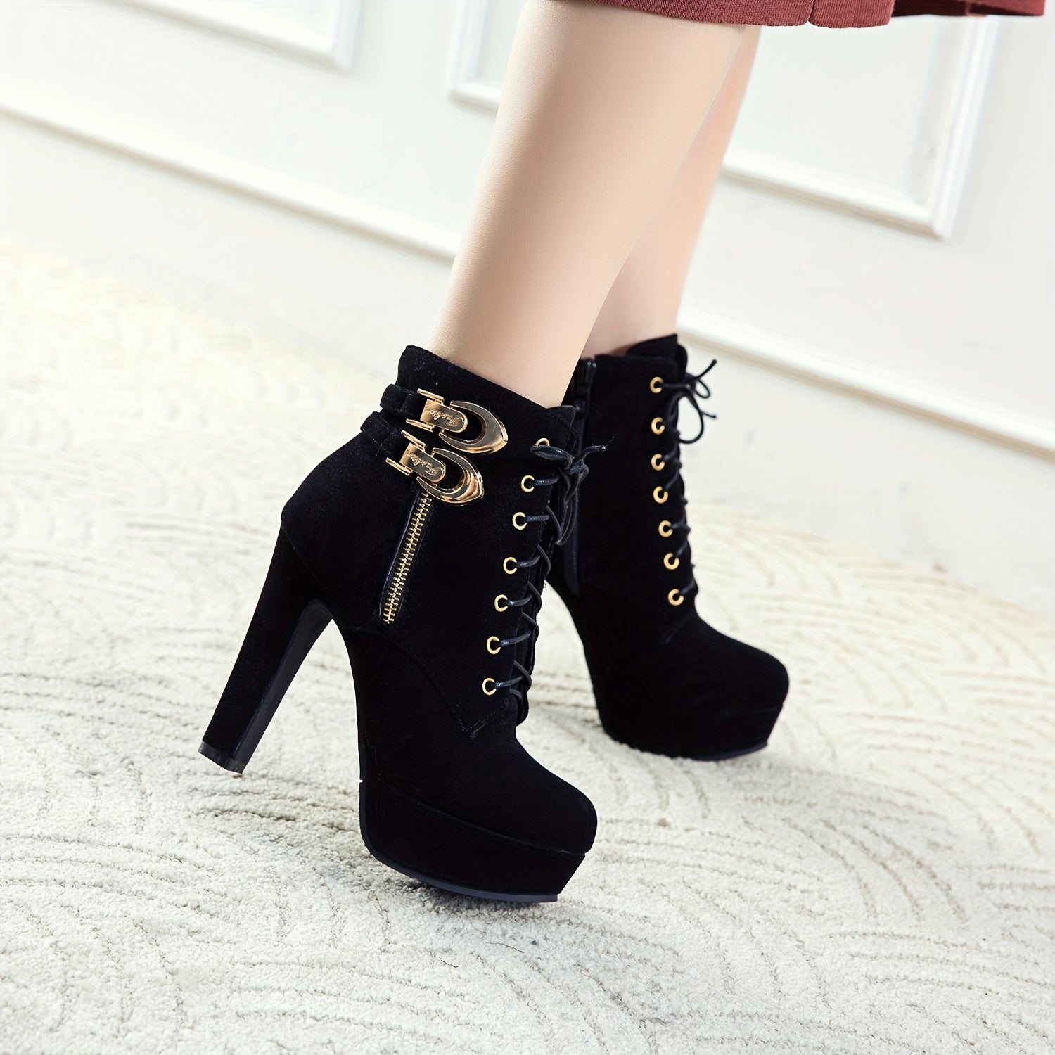 Women's Chunky Platform High Heel Ankle Boots with Lace-Up Front & Back, Golden-Tone Buttons, Zipper Closure, Round Toe - Machine Washable PU Cover Winter Casual Boots, Semiformal Footwear | Adjustable Buckle Heels, High Heel