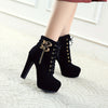 Women's Chunky Platform High Heel Ankle Boots with Lace-Up Front & Back, Golden-Tone Buttons, Zipper Closure, Round Toe - Machine Washable PU Cover Winter Casual Boots, Semiformal Footwear | Adjustable Buckle Heels, High Heel