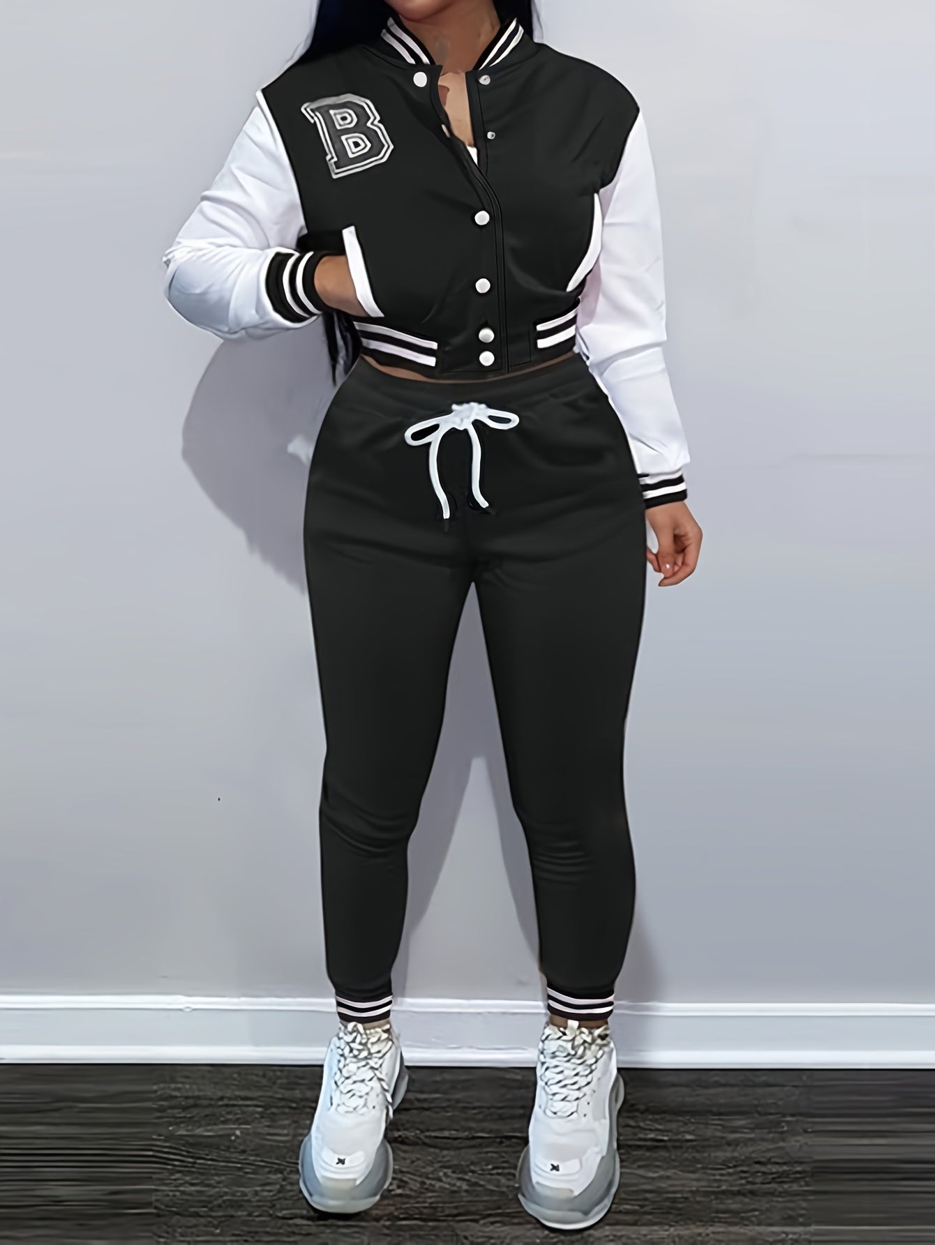 Women's 2pcs Sweatshirt and Sweatpants Set, Two-piece Sportswear, Single Row Baseball Jacket