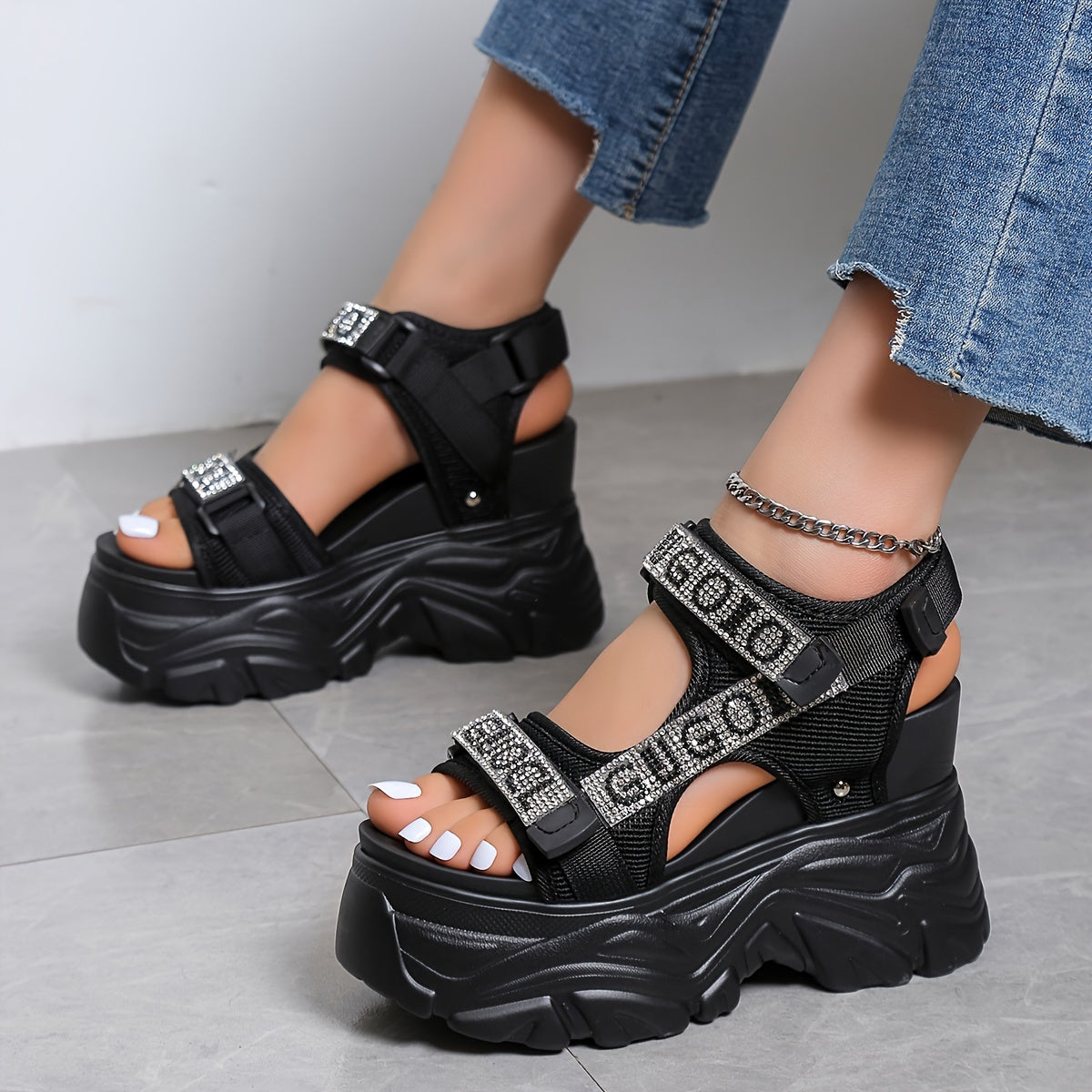 Elegant Summer 2024 Women's Black Rhinestone-Embellished High Heel Sandals - Breathable Mesh, Lightweight, Waterproof Platform with Hook-and-loop Fastener Straps, Open Toe Design for Stylish Daily Wear, Chunky Heel Sandals