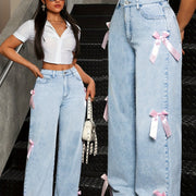 Chic Women's Straight-Leg Wide-Leg Denim Jeans with Pink Bow Accents - Comfortable Micro-Elastic Waist, Elegant Light Blue Denim Trousers, Machine Washable, Plus Size Jeans