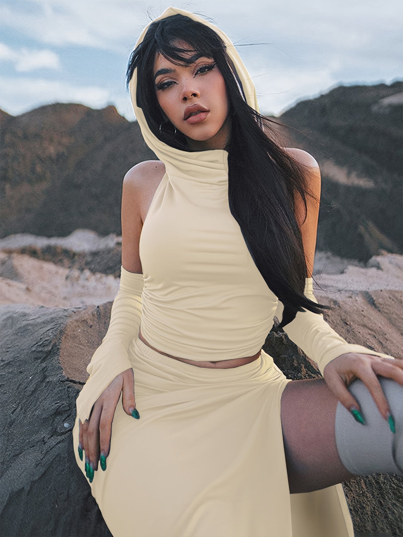 Two-Piece Stylish Solid Slim Set - Crop Backless Hooded Top with Adjustable Straps, Split Hem Skirt Outfit for Women, Chic Casual Wear for Daily Life, Party, or Outdoor Activities