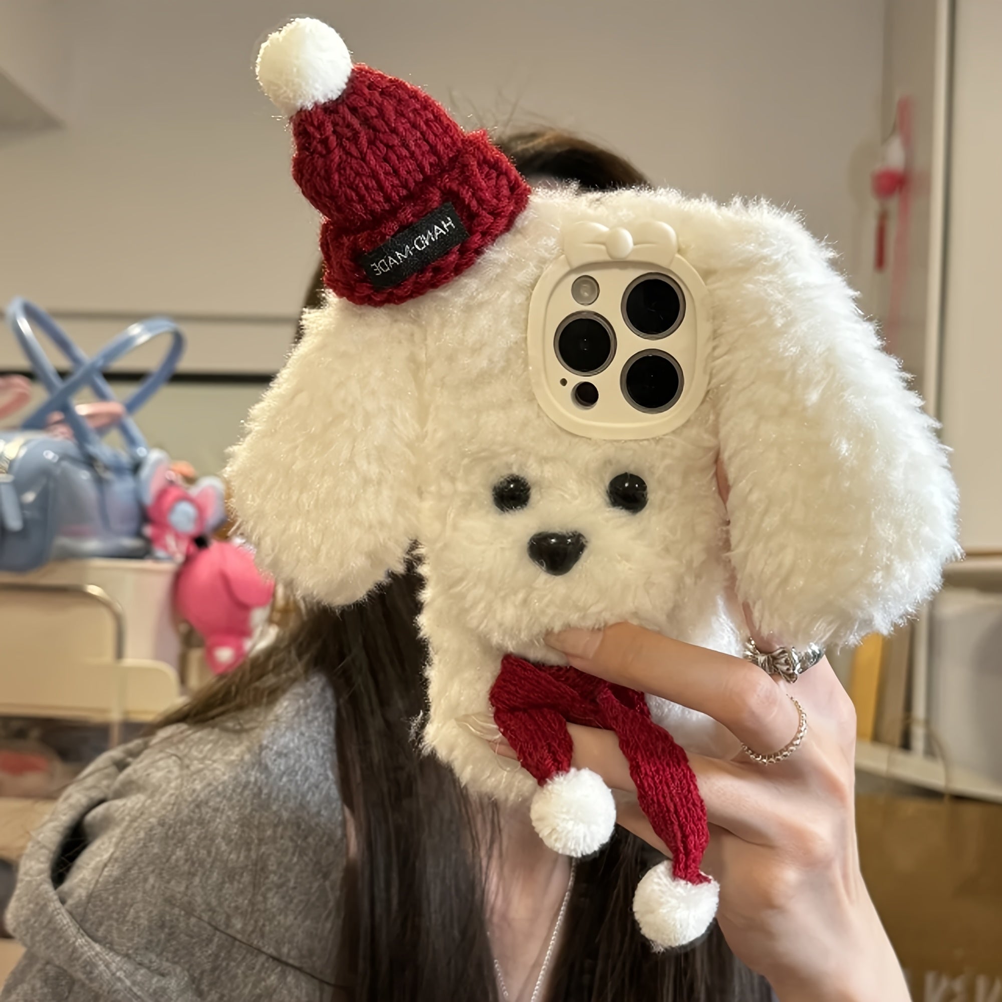 [1pc 3D Dog Plush Phone Case] Autumn And Winter Three-Dimensional Scarf Knitted Hat Dog Plush Phone Case Suitable for Iphone 16 Pro Max