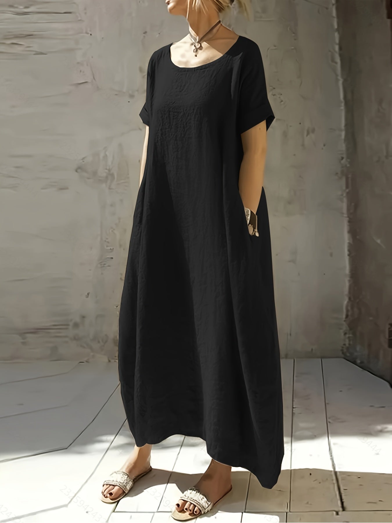 Women's New Summer Round Neck Short Sleeve Loose Dress with Pocket, Elegant and Pure Color Mid-Long Casual Skirt
