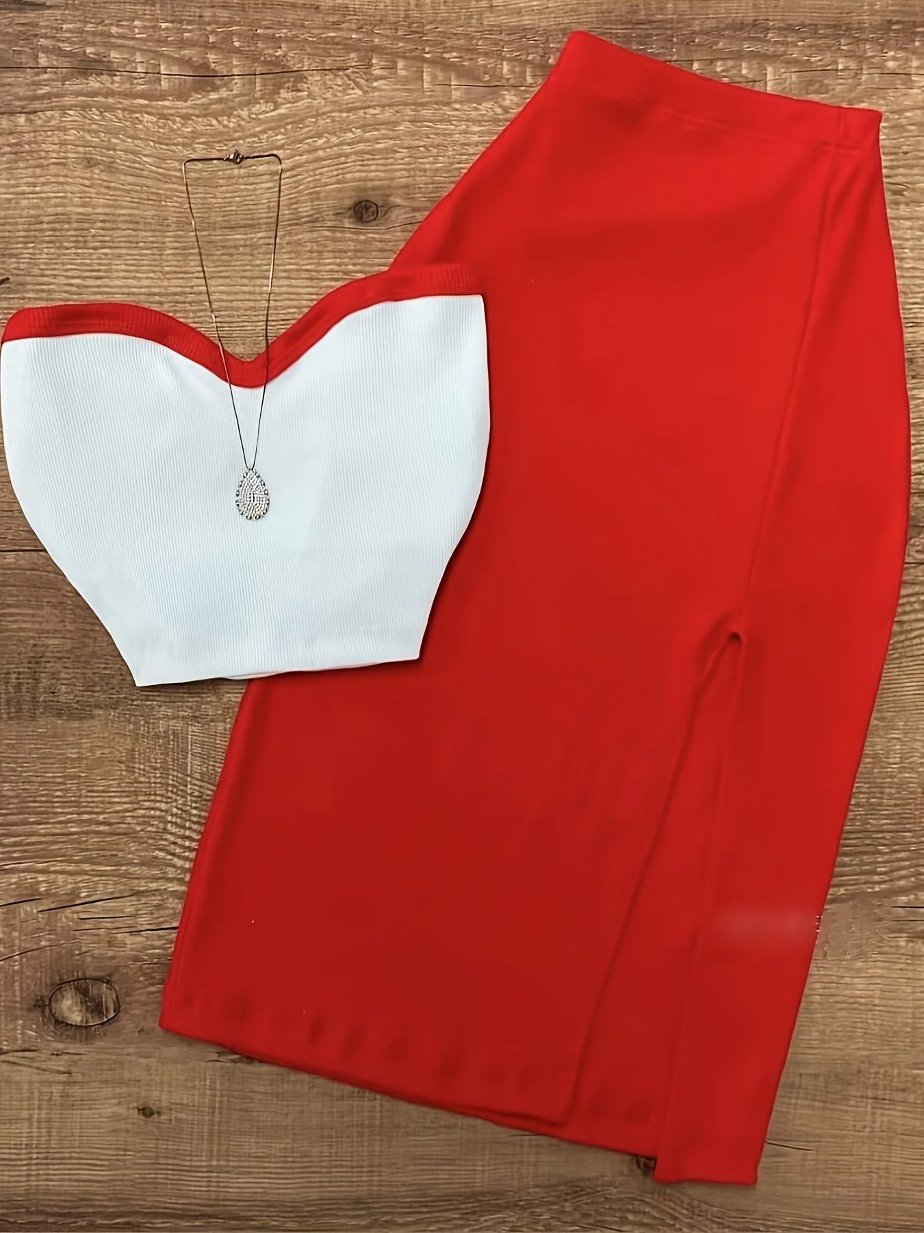 2pcs Women's Elegant Off-Shoulder Tube Top & Flared Skirt Set - Solid Color, Smooth Polyester Fabric, Medium Stretch - Spring/Summer Essentials | Machine Wash Safe | Contrast Binding Details