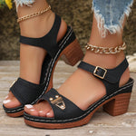 Stylish Women's Cut-Out Sandals - Soft Platform, Chunky Heel, Ankle Buckle Strap, Metallic Accent, Comfortable Walking Shoes for Casual Occasions