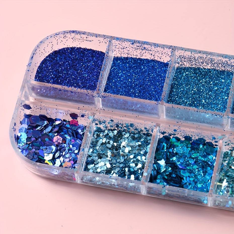 FULL BEAUTY Sparkly Blue Nail Glitter Set: 12 Grids of Shimmering Blue Sequins, Diamond Chrome, Fine Powder, Dust, Chunky Flakes, and Paillettes for DIY Manicure Decoration