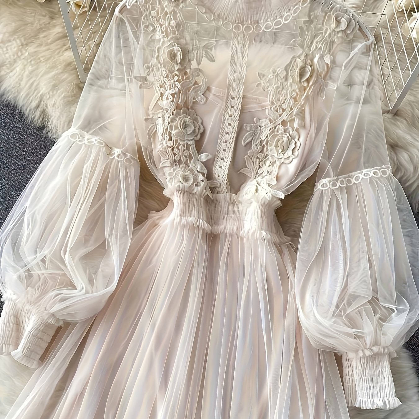 Plus Size Dresses Women'S Fashion Three-dimensional Flower Collage Sheer Mesh Balloon Sleeve Slim Long Dress Light Luxury Design Sense Women'S Chiffon Lace Shirt Suspender Base Shirt, Luxury Gift For Women