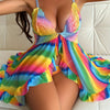 Elegant Rainbow Lace & Mesh Slip Dress Set with Front Closure - Includes Thong, Stretchy Polyester Blend, Semi-Sheer - Perfect for Women