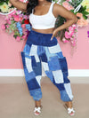 Women's High-Waisted Imitation Denim Print Wide-Leg Pants - Relaxed Fit 9/10 Length with Elastic Waist Drawstring, Color Block Design & Side Pockets for Casual Outings, Casual Attire, Stretchy Fabric