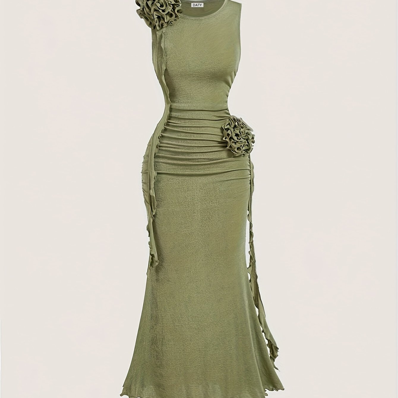 DATY Women's Elegant Off-Shoulder Ruffled 3D Flower Fishtail Hem Long Dress - Retro Sleeveless Solid Green Prom Dress, Straight Cut Machine Washable Fall & Spring Formal Party Evening Gown, Spring Fashion | Flowing Silhouette