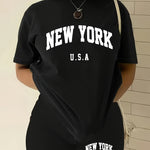 Polyester Lash Sets Crew Neck Short Sleeve Printed Sports Pants Set, for Women
