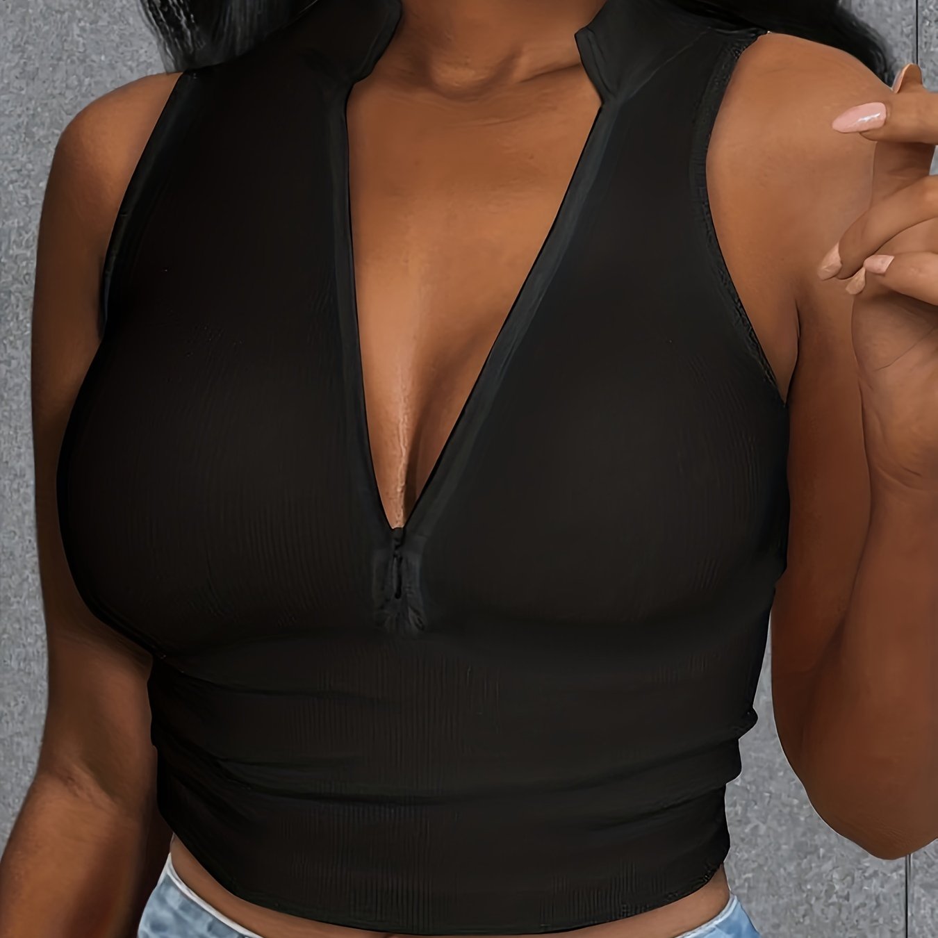 Women'S Sexy Ribbed Knit Tank Top, Solid Color Polyester 100% Vest with Zipper Detail, Crew Neck, Lightweight 250g/m² Knit Fabric, Spring/Summer/Fall Fashion